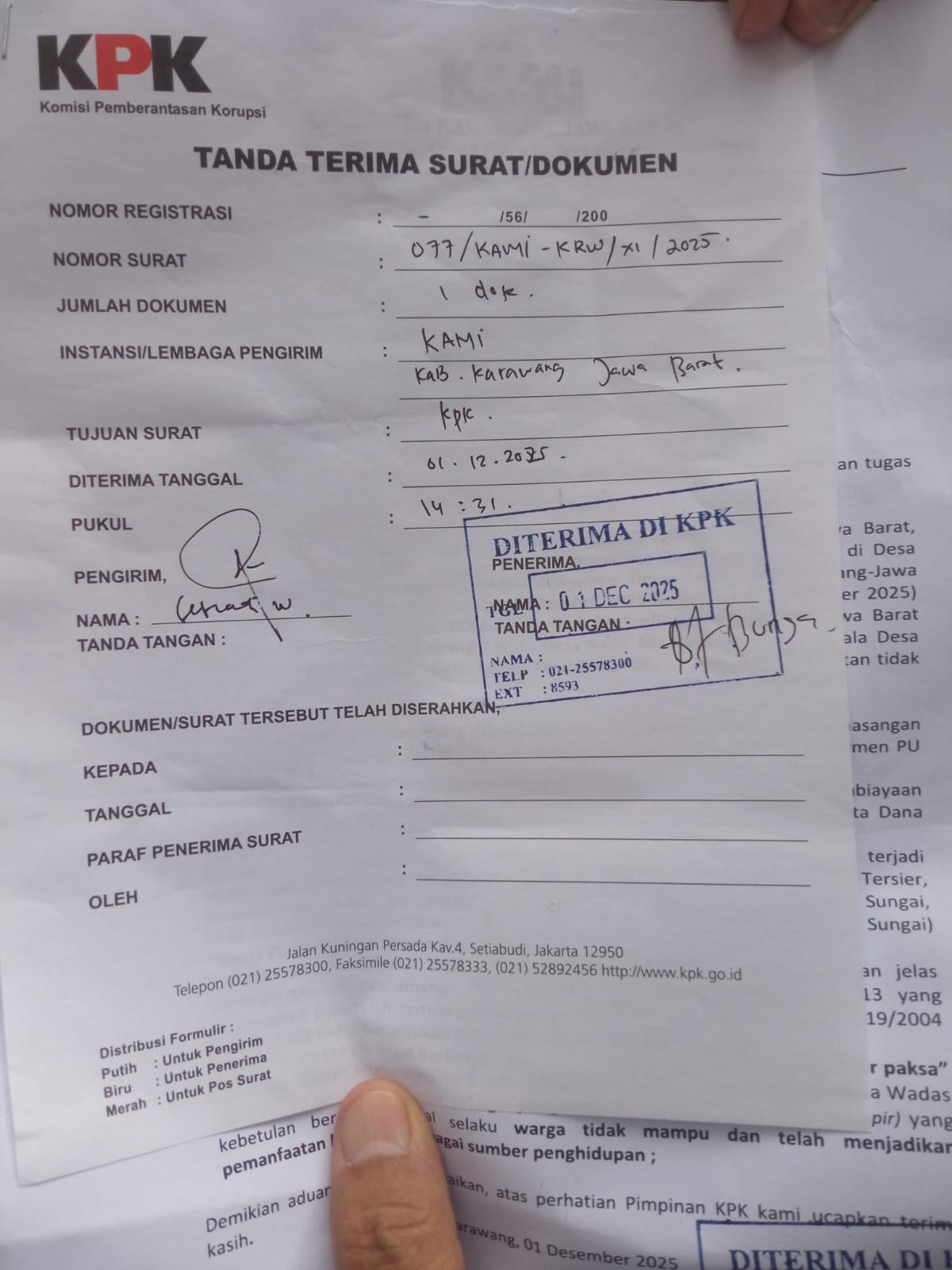 Tanda Terima Laporan Resmi Koalisi Aksi Menyelamatkan Indonesia (KAMI) Kabupaten Karawang ke KPK