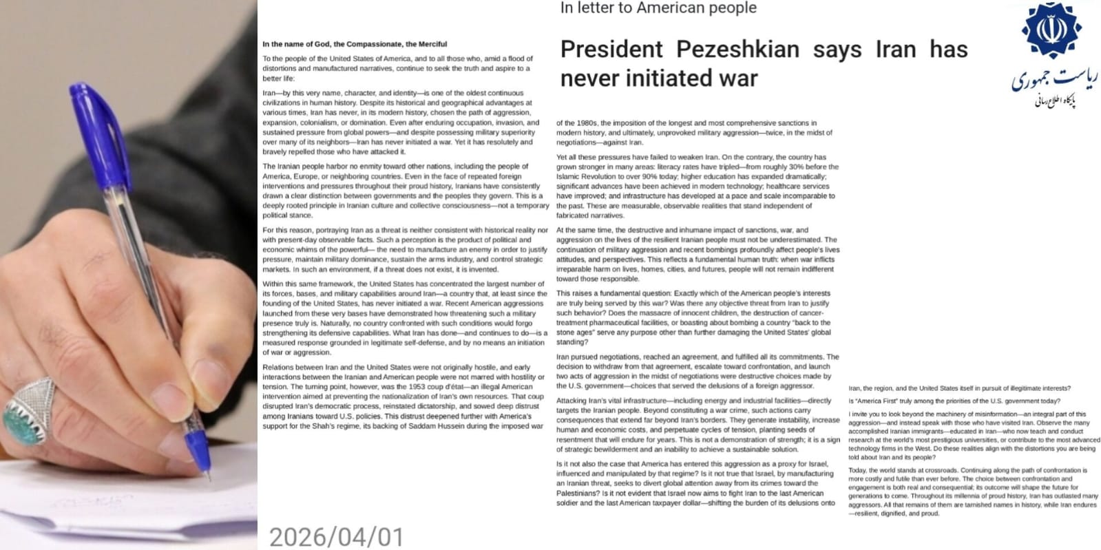 Surat Presiden Iran untuk Rakyat AS.