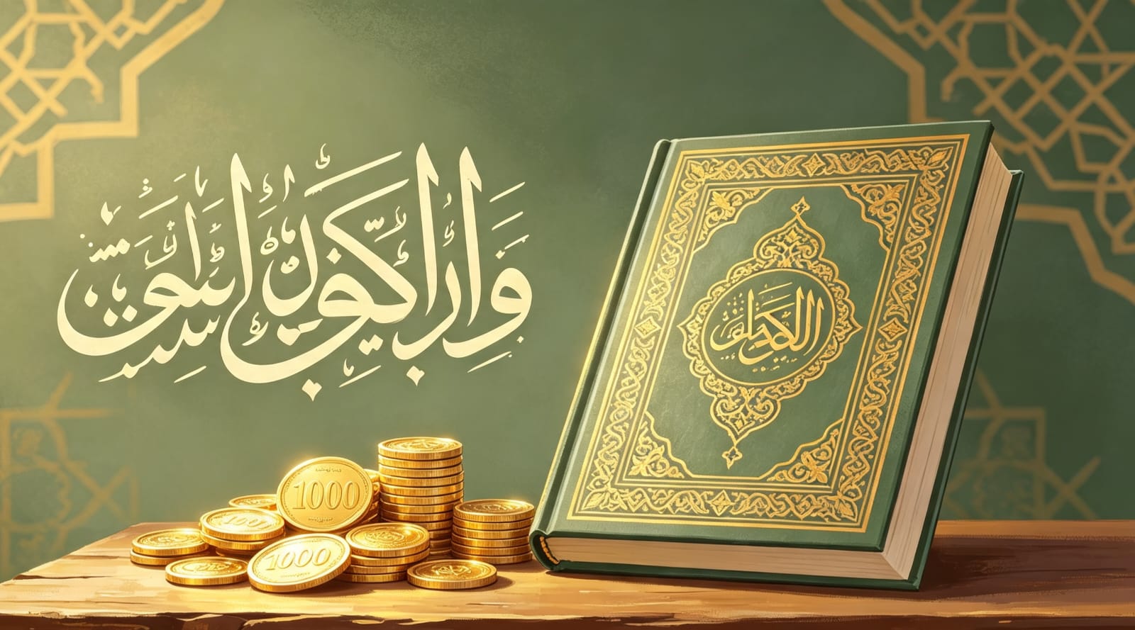 Koin dinar emas kuno bersanding dengan mushaf Al Quran terbuka, melambangkan hubungan antara harta benda dan tanggung jawab spiritual umat Islam sesuai tuntunan wahyu