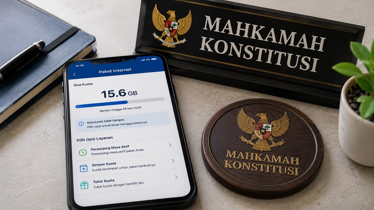 Ruang Hakim MK bersanding dengan ikon sinyal seluler dan simbol kuota data, merepresentasikan putusan MK yang mewajibkan operator telekomunikasi menyediakan opsi layanan agar sisa kuota internet tidak otomatis hangus.