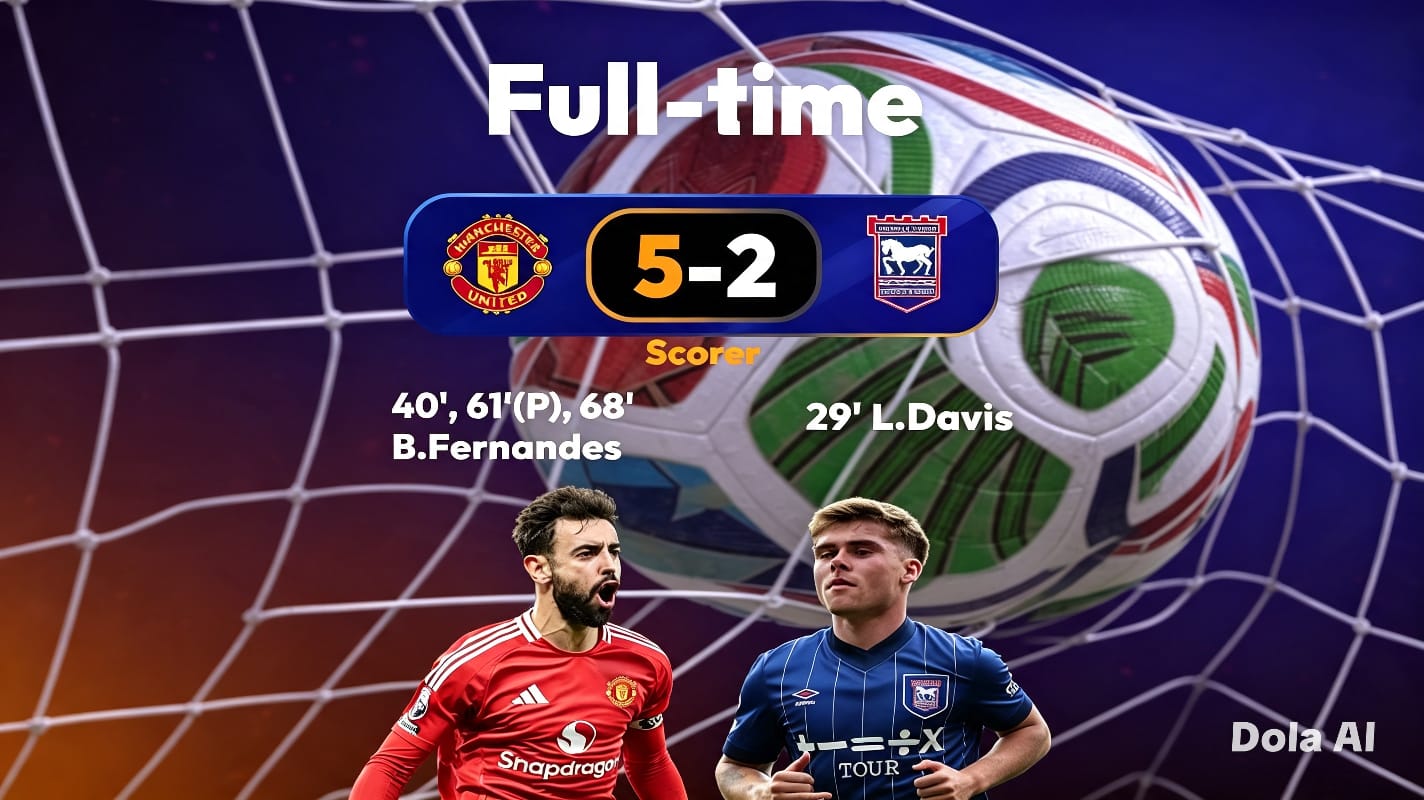 Manchester United menghajar Ipswich Town 5-2 di Old Trafford. Bruno Fernandes tampil gemilang dengan hattrick dan satu assist untuk Setan Merah.