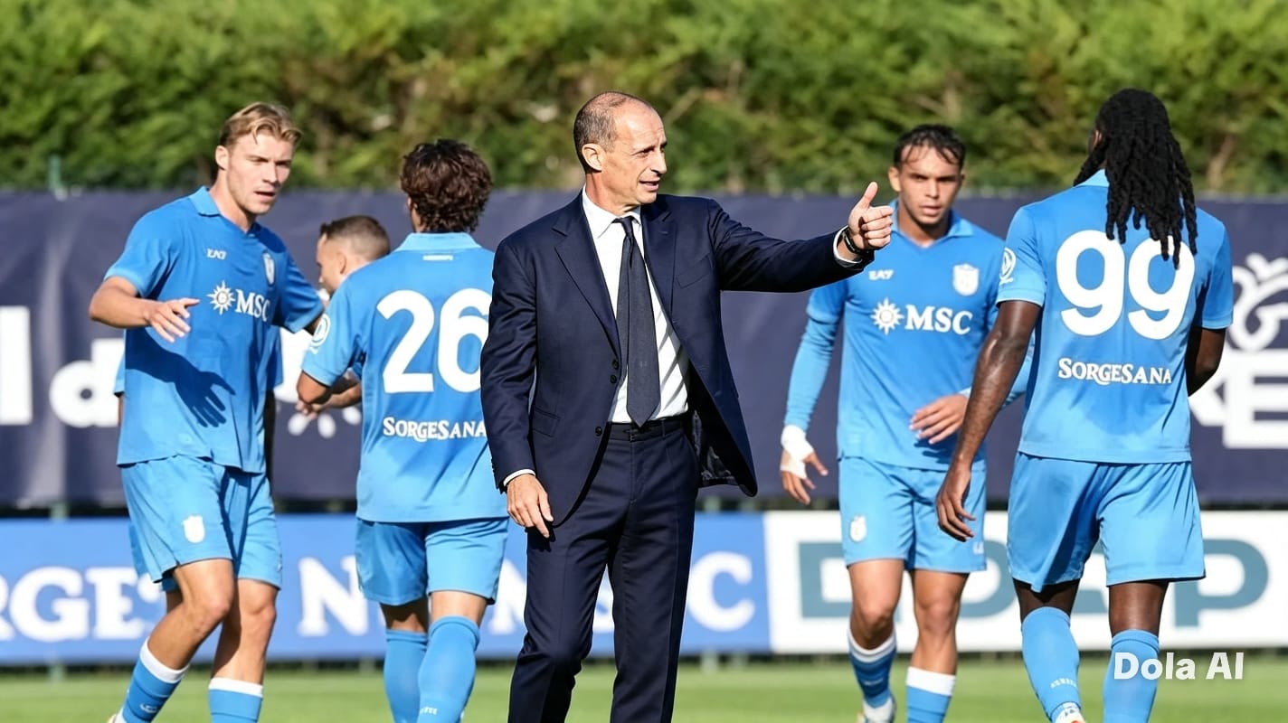 Massimiliano Allegri tampak memberikan instruksi serius kepada para pemain Napoli selama sesi latihan pra-musim 2026