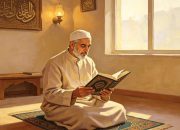 Ilustrasi seseorang sedang membaca Al Quran dengan khusyuk, menggambarkan pencarian kebenaran mengenai konsep takdir bebas (Qodariyah) dan paksaan (Jabariyah) dalam ajaran Islam