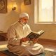 Ilustrasi seseorang sedang membaca Al Quran dengan khusyuk, menggambarkan pencarian kebenaran mengenai konsep takdir bebas (Qodariyah) dan paksaan (Jabariyah) dalam ajaran Islam