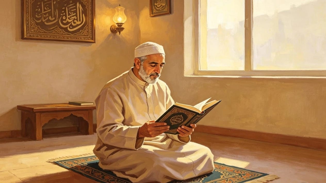 Ilustrasi seseorang sedang membaca Al Quran dengan khusyuk, menggambarkan pencarian kebenaran mengenai konsep takdir bebas (Qodariyah) dan paksaan (Jabariyah) dalam ajaran Islam