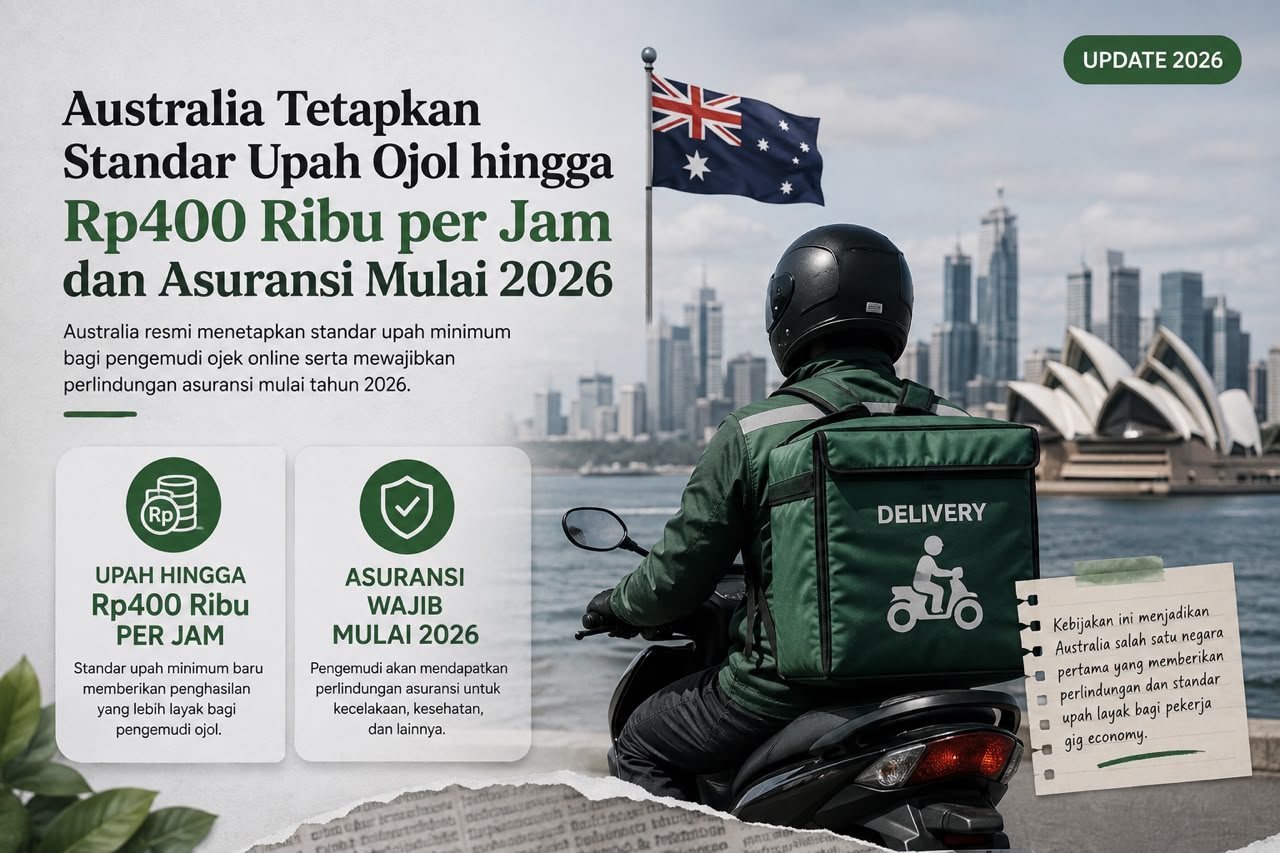 Ilustrasi grafis menampilkan kurir ojek online dengan helm