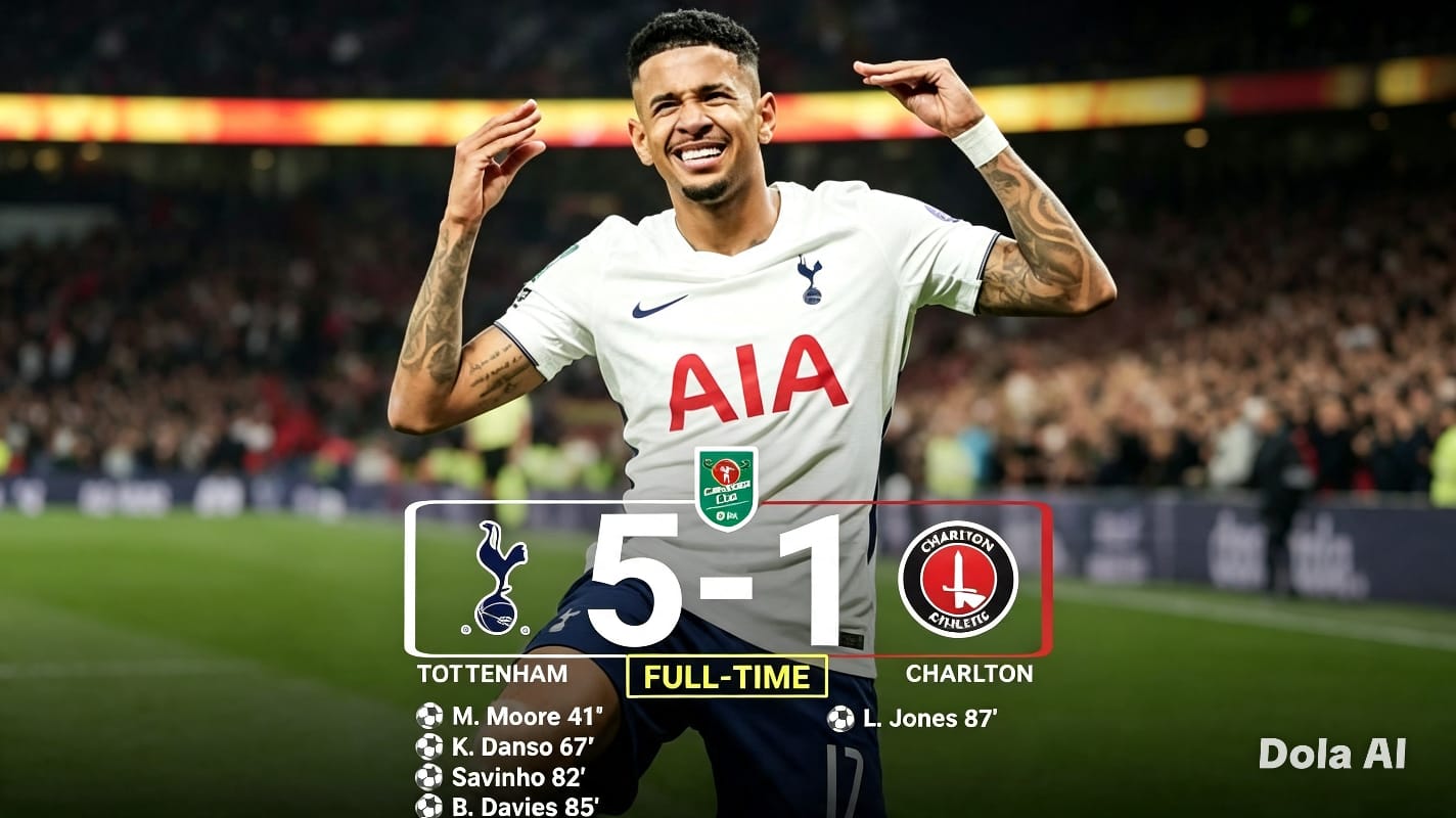 Savinho tampil memukau lewat gol dan assist dalam laga debutnya saat Tottenham membantai Charlton 5-1 di Carabao Cup.