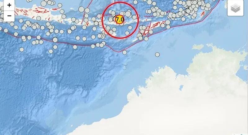 Peta pusat gempa bumi tektonik berkekuatan magnitudo 7,7