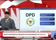 Presiden Prabowo Subianto sedang menyampaikan pidato kenegaraan di Kompleks Parlemen, Senayan, Jakarta, Jumat (14/8/2026).
