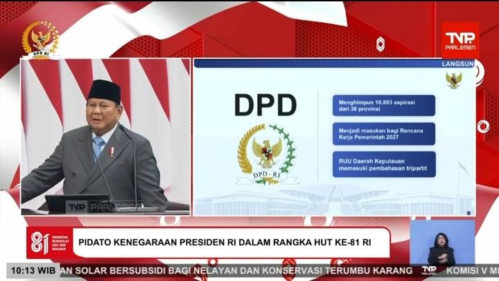 Presiden Prabowo Subianto sedang menyampaikan pidato kenegaraan di Kompleks Parlemen, Senayan, Jakarta, Jumat (14/8/2026).