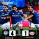 Pemain Como 1907 merayakan kemenangan 4-1 atas RB Leipzig pada debut Liga Champions di Stadion Giuseppe Sinigaglia.