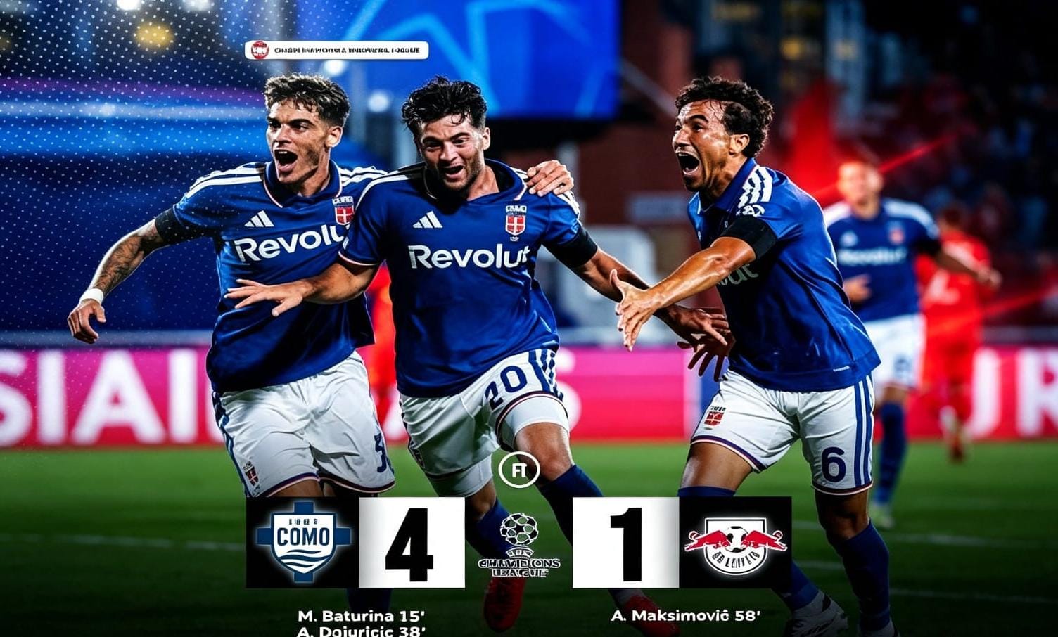Pemain Como 1907 merayakan kemenangan 4-1 atas RB Leipzig pada debut Liga Champions di Stadion Giuseppe Sinigaglia.