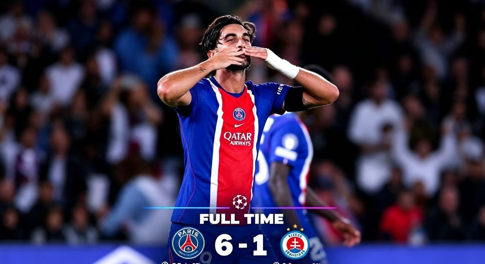 Ferran Torres merayakan hat-trick saat PSG menang 6-1 atas Slovan Bratislava di Liga Champions.