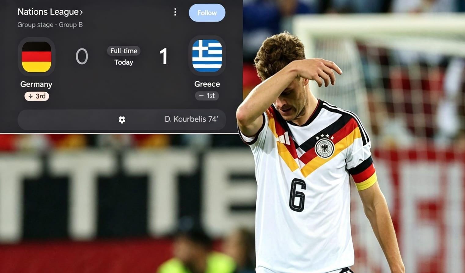 Pemain Timnas Jerman tampak kecewa setelah kalah 0-1 dari Yunani di WWK Arena, Augsburg, Senin (28/9/2026).