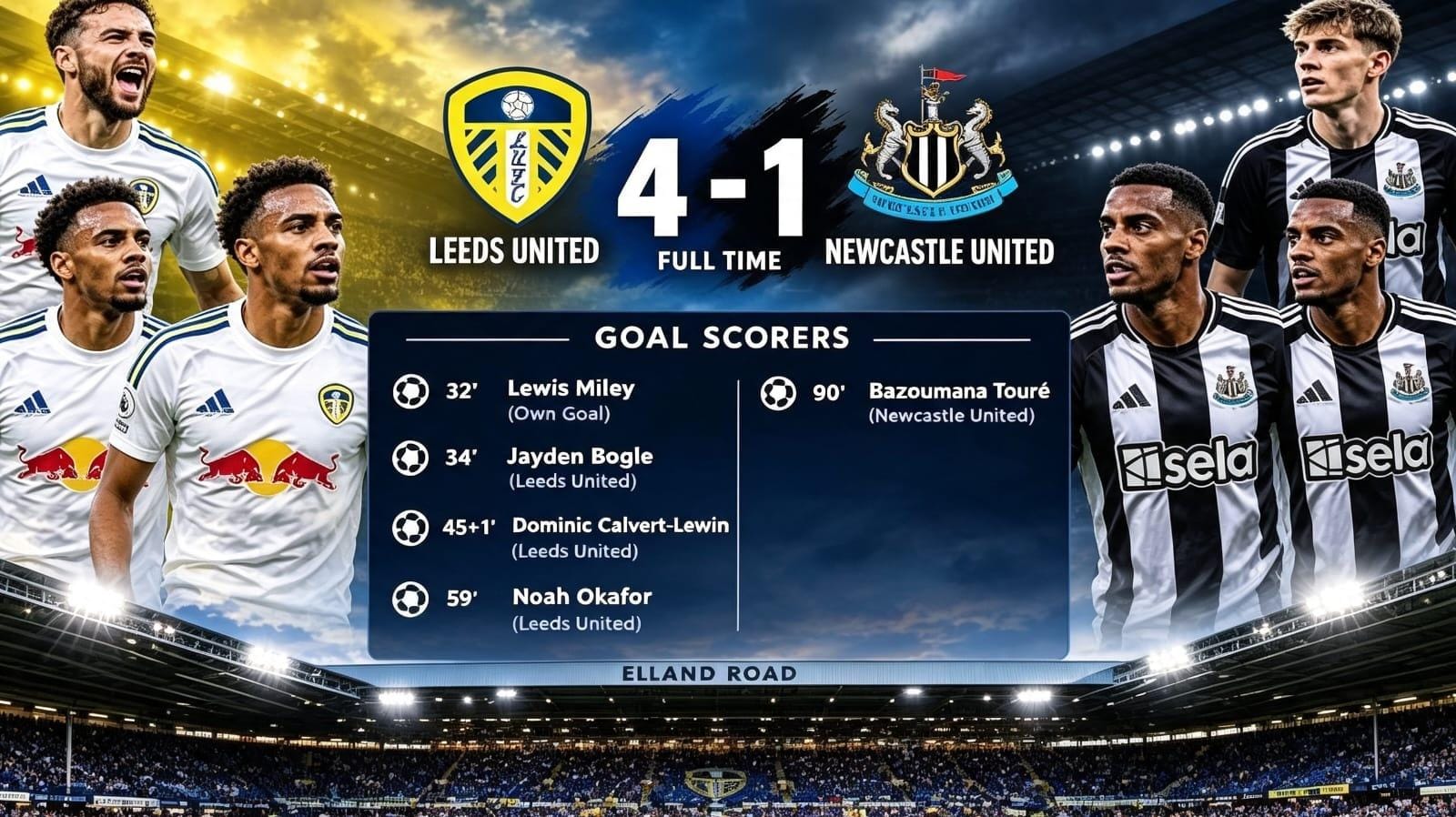 Pemain Leeds United merayakan kemenangan 4-1 atas Newcastle United pada pekan ke-4 Liga Inggris 2026–2027 di Elland Road.