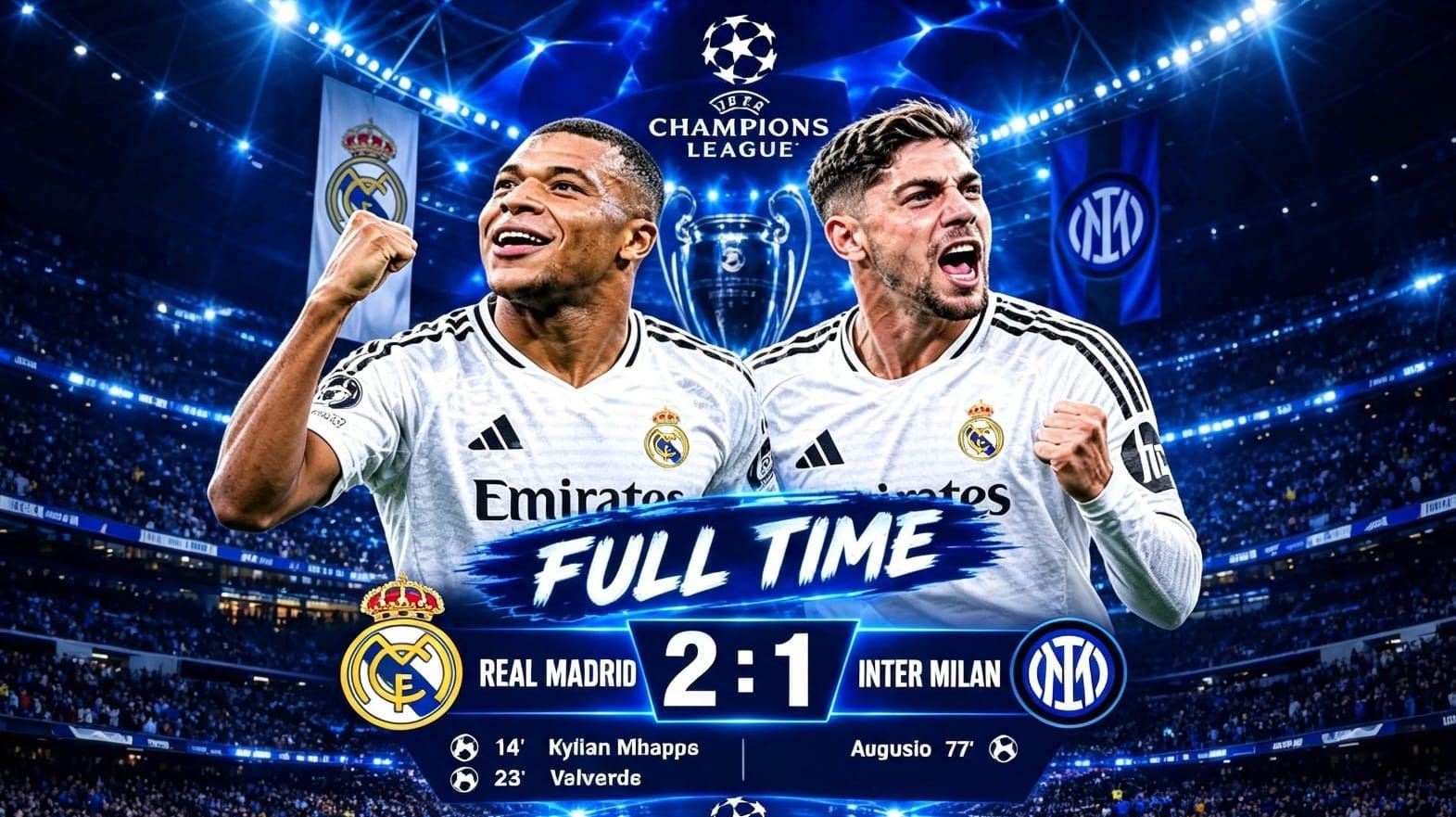 Kylian Mbappé dan Federico Valverde merayakan gol Real Madrid saat mengalahkan Inter Milan 2-1 di Liga Champions.