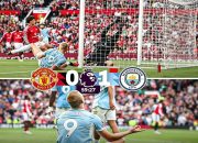 Erling Haaland merayakan gol kemenangan Manchester City saat menghadapi Manchester United dalam Derbi Manchester di Old Trafford.