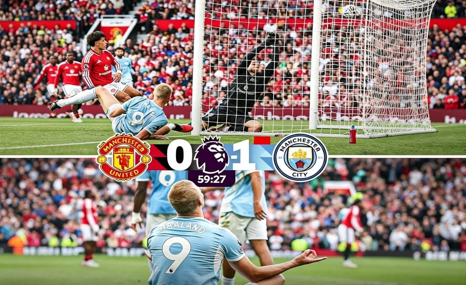 Erling Haaland merayakan gol kemenangan Manchester City saat menghadapi Manchester United dalam Derbi Manchester di Old Trafford.