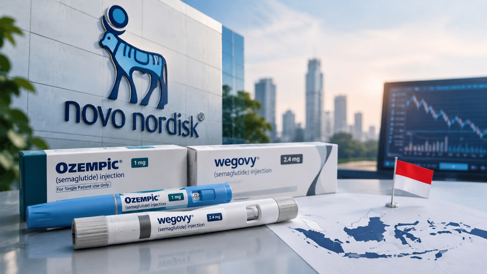 Logo Novo Nordisk, perusahaan farmasi asal Denmark produsen Ozempic dan Wegovy.