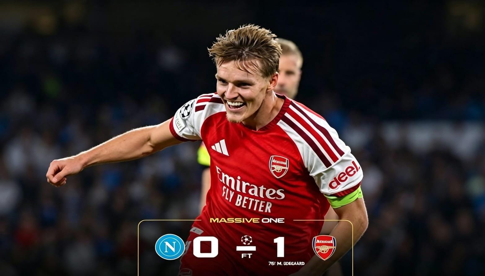 Martin Ødegaard merayakan gol kemenangan Arsenal saat menghadapi Napoli di Liga Champions 2026/2027.