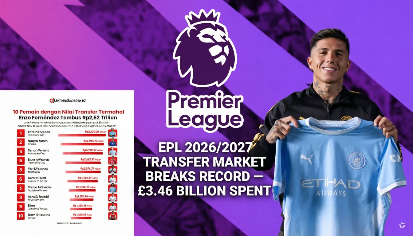 Bursa transfer EPL 2026/2027 pecahkan rekor dengan belanja £3,46 miliar. Enzo Fernandez ke Man City jadi salah satu transfer terbesar.