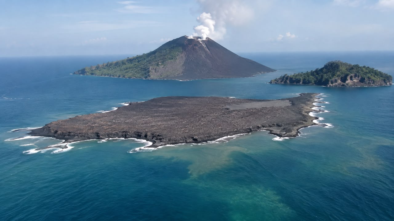 Daratan baru seluas 30,3 hektare muncul di antara Pulau Gunung Anak Krakatau dan Pulau Sertung, Kabupaten Lampung Selatan, September 2026.