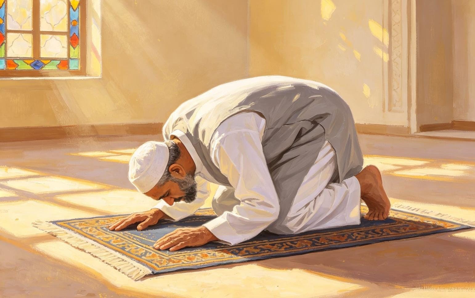 Ilustrasi seorang muslim sedang melaksanakan shalat dua rakaat tahiyatul masjid di sudut masjid dengan suasana tenang, melambangkan adab mulia umat Islam saat memasuki tempat suci.