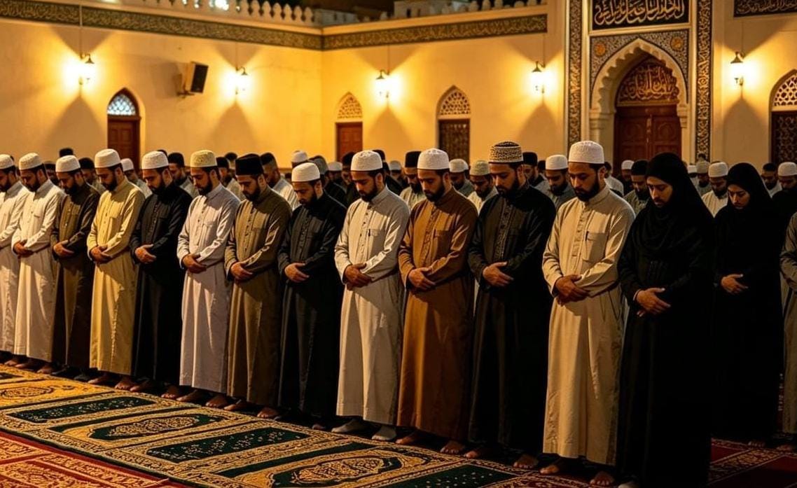 Ilustrasi suasana masjid yang tenang dan khusyuk pada waktu malam, dengan jamaah sedang melaksanakan shalat Isya berjamaah, melambangkan ketenangan spiritual dan janji pahala besar dari Allah SWT di penghujung hari.