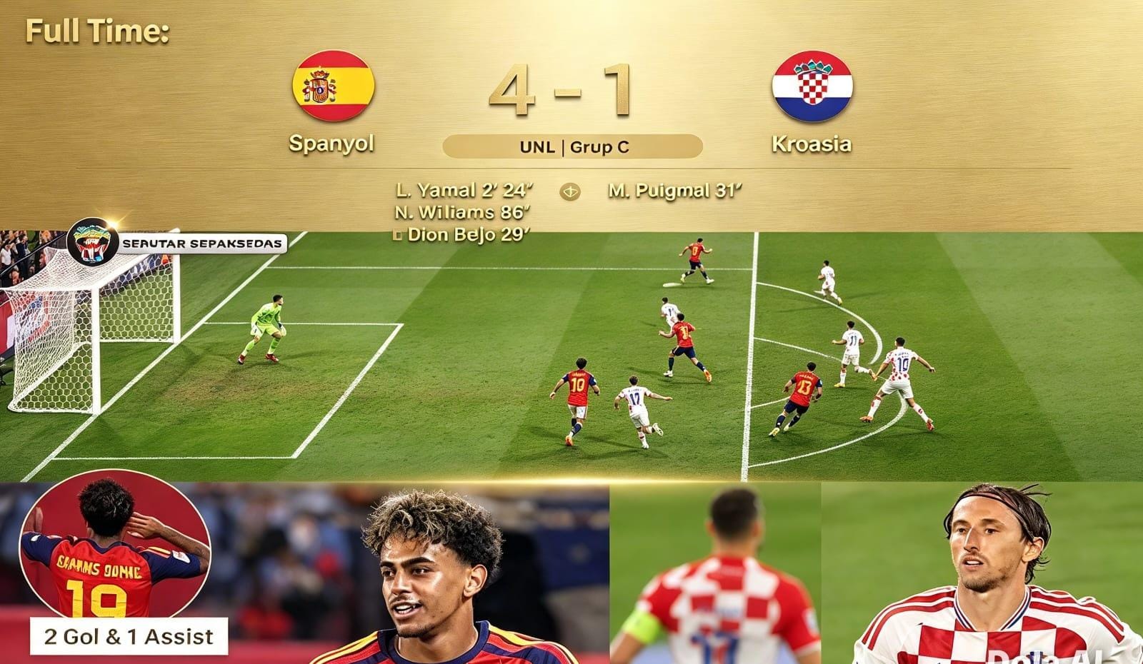 Lamine Yamal merayakan gol keduanya ke gawang Kroasia di Estadio Ramon Sanchez Pizjuan, Sevilla.