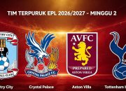 Empat tim terpuruk di EPL 2026/2027 setelah menelan dua kekalahan beruntun. Tottenham, Aston Villa, Crystal Palace dan Coventry City masih nol poin.