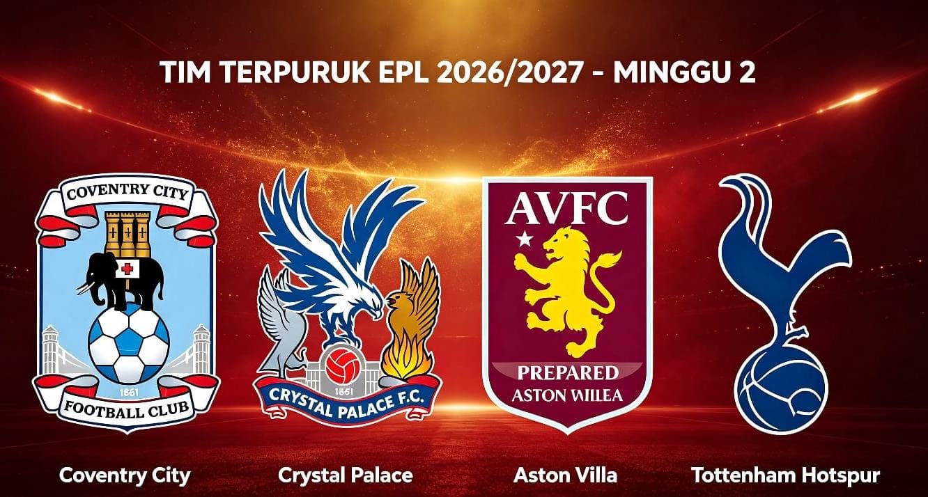 Empat tim terpuruk di EPL 2026/2027 setelah menelan dua kekalahan beruntun. Tottenham, Aston Villa, Crystal Palace dan Coventry City masih nol poin.