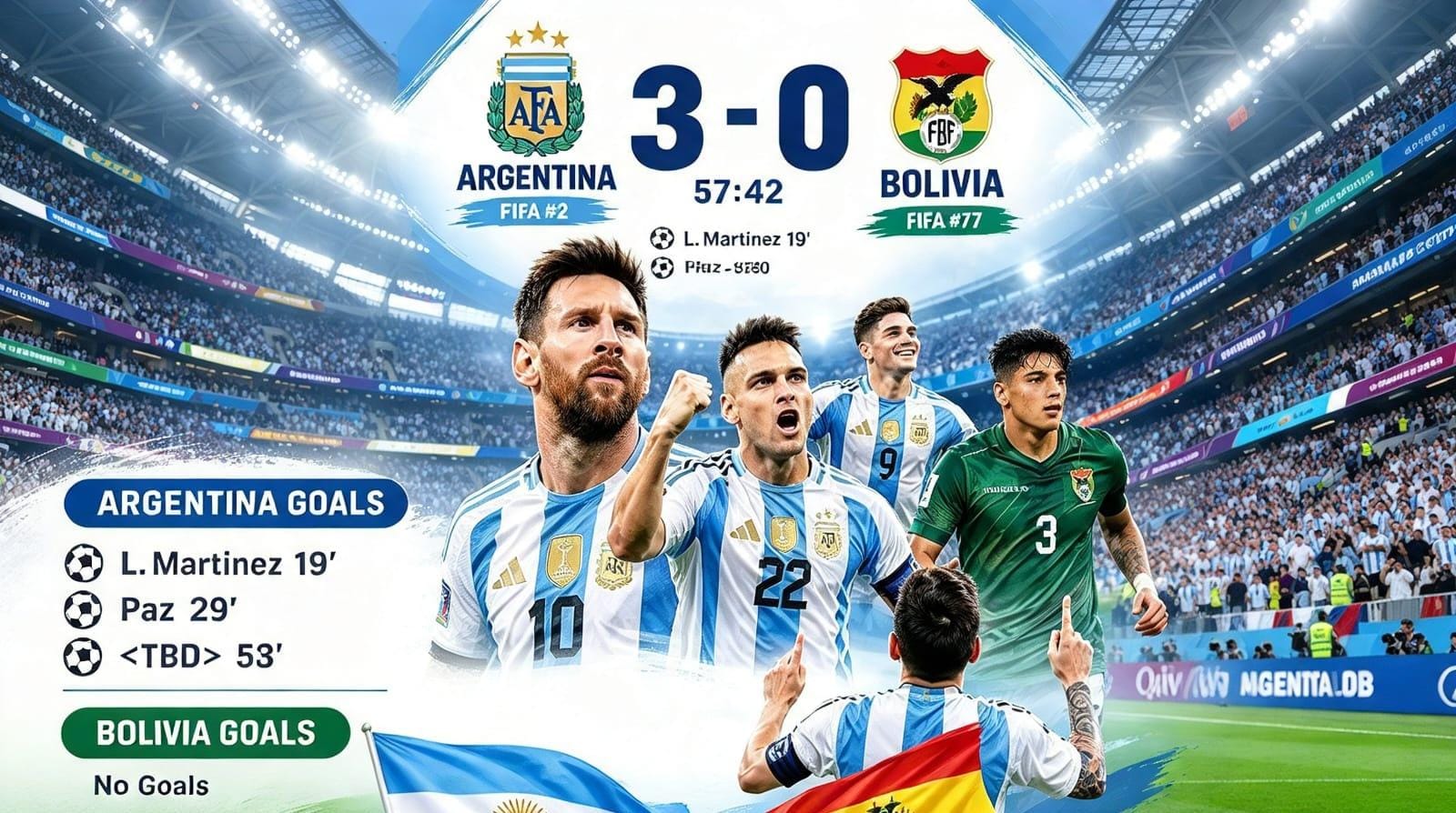 Pemain Argentina merayakan gol ke gawang Bolivia dalam laga persahabatan di Estadio Mario Alberto Kempes, Cordoba.