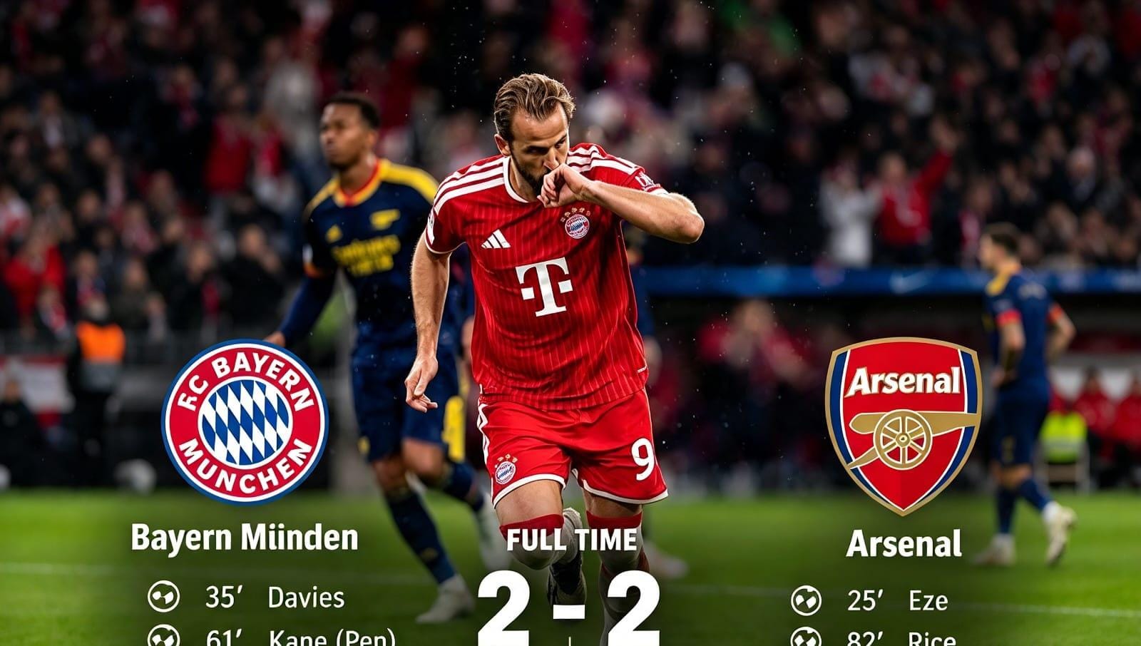 Striker Bayern München Harry Kane saat merayakan gol penalti ke gawang Arsenal dalam laga fase grup Liga Champions di Allianz Arena.