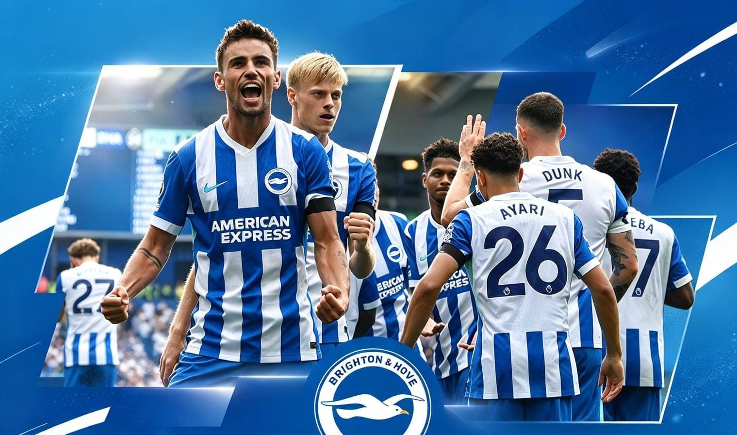 Ekspresi kegembiraan para pemain Brighton saat merayakan gol di Liga Inggris musim 2026/2027.