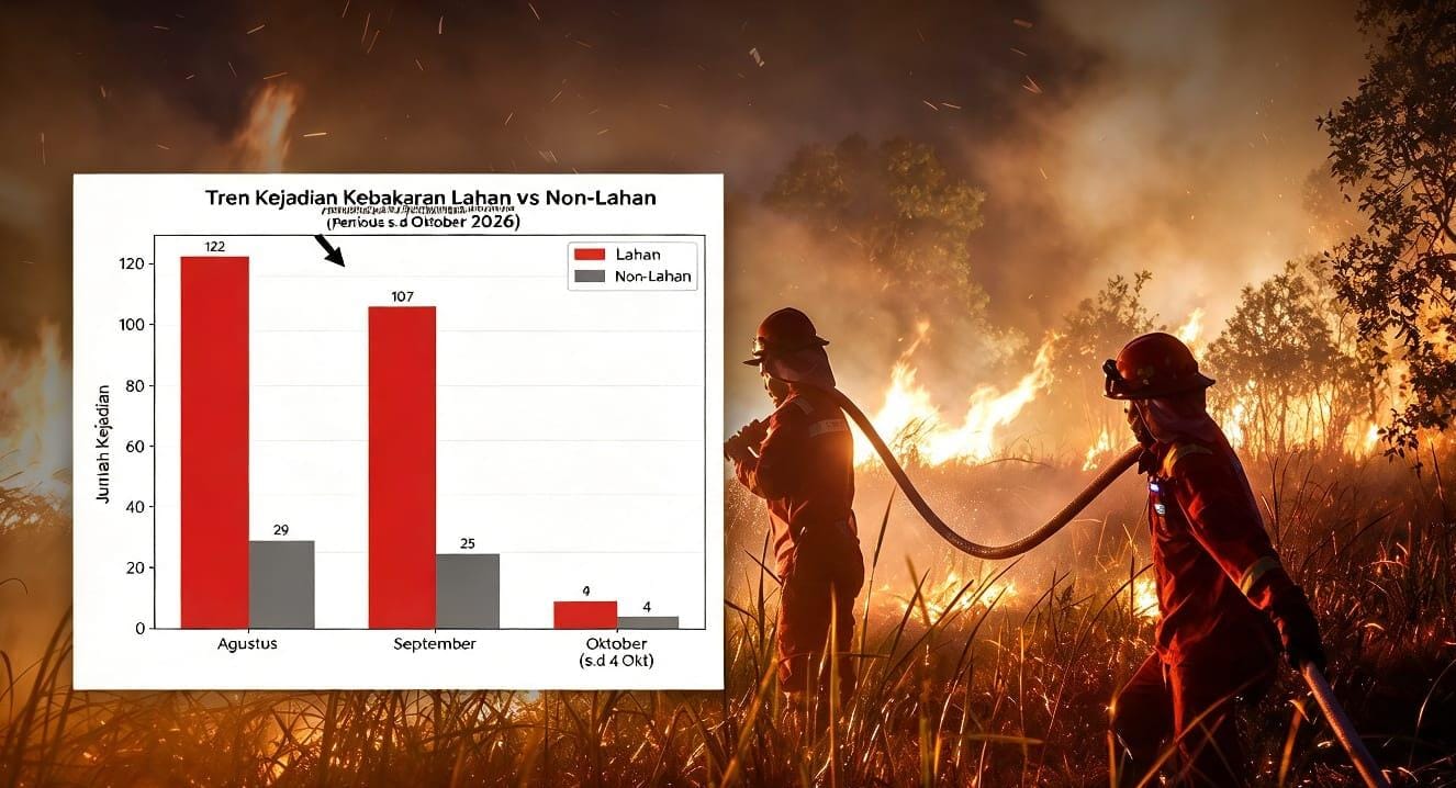 Petugas Dinas Pemadam Kebakaran dan Penyelamatan memadamkan kebakaran lahan yang melonjak tajam sepanjang 2026