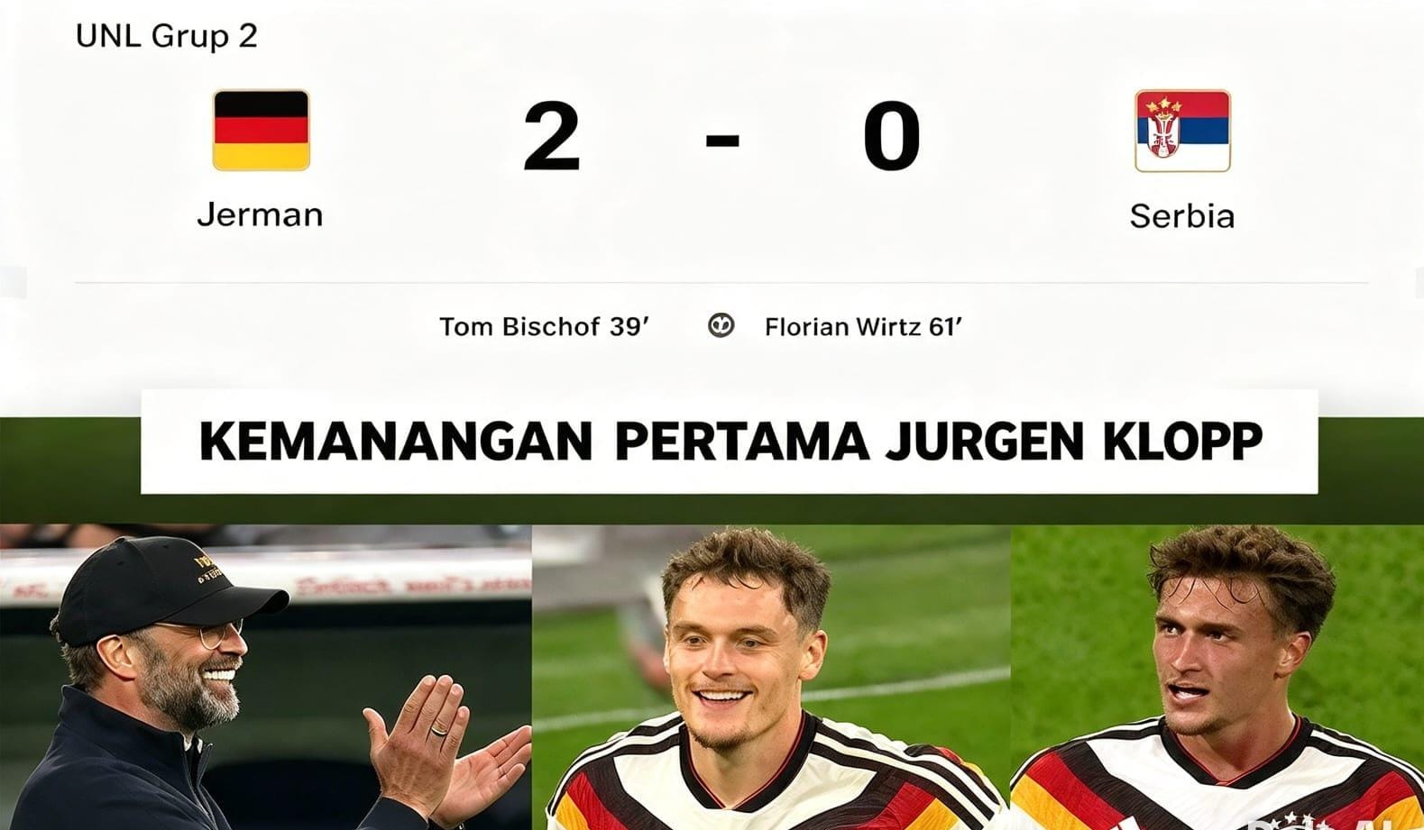 Pemain Timnas Jerman merayakan gol Tom Bischof ke gawang Serbia dalam laga UEFA Nations League di Allianz Arena, Munich, Jumat (2/10/2026) dini hari WIB.