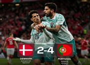 Pemain Timnas Portugal merayakan gol ke gawang Denmark dalam laga UEFA Nations League di Parken Stadium, Jumat (2/10/2026) dini hari WIB.