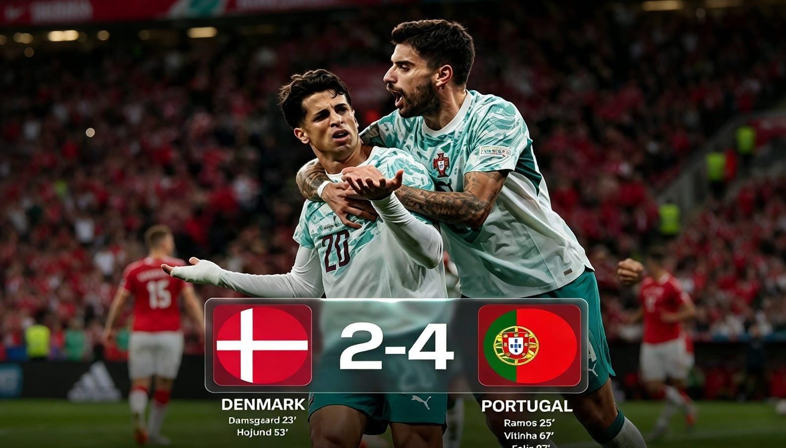 Pemain Timnas Portugal merayakan gol ke gawang Denmark dalam laga UEFA Nations League di Parken Stadium, Jumat (2/10/2026) dini hari WIB.