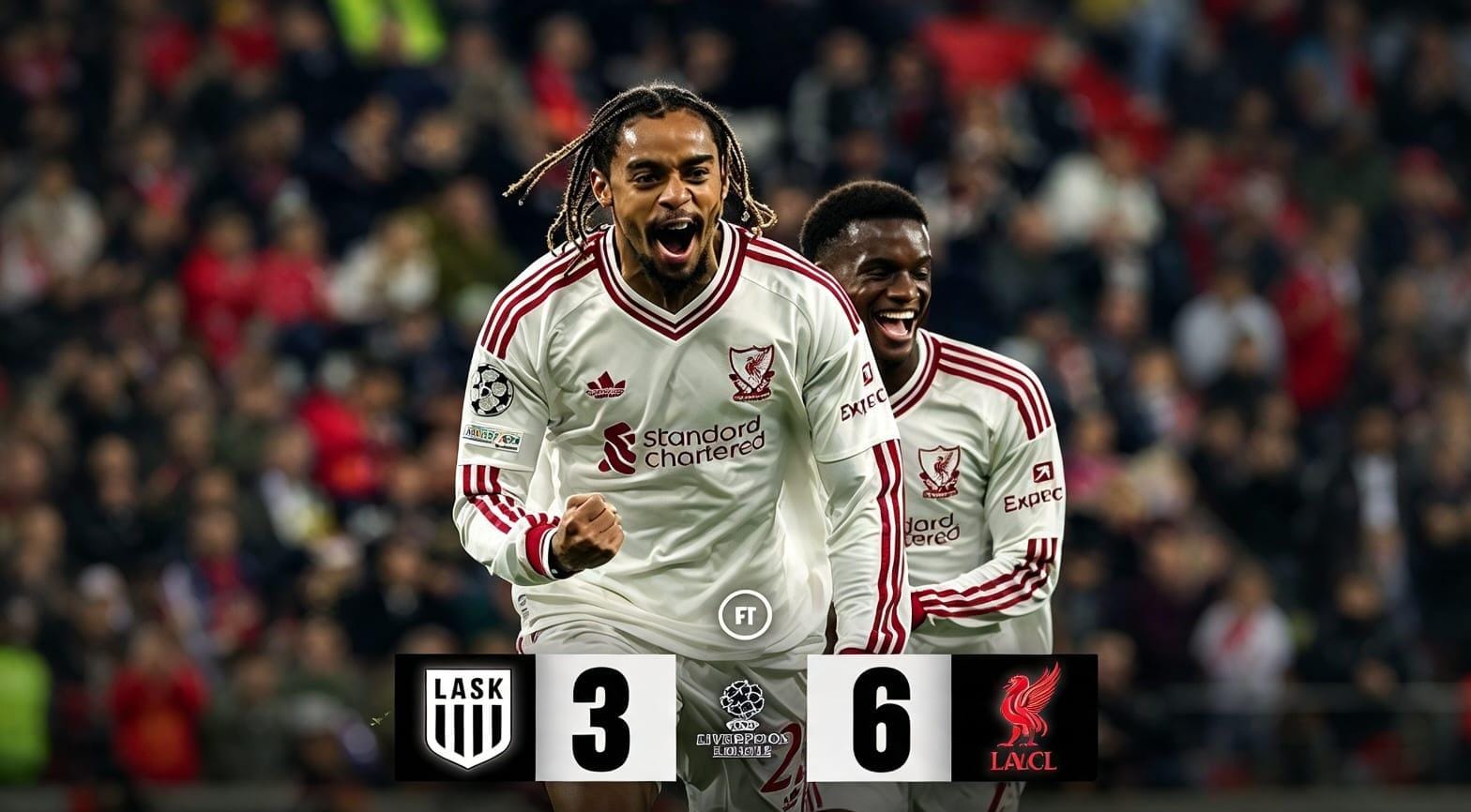 Striker Liverpool Bradley Barcola melakukan selebrasi setelah mencetak gol hat-trick ke gawang LASK Linz dalam laga Liga Champions di Raiffeisen Arena.
