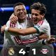 Penyerang Real Madrid, Kylian Mbappé, memeluk Bernardo Silva saat merayakan gol pembuka ke gawang RB Leipzig dalam laga fase liga Liga Champions UEFA 2026–2027 di Stadion Santiago Bernabéu.