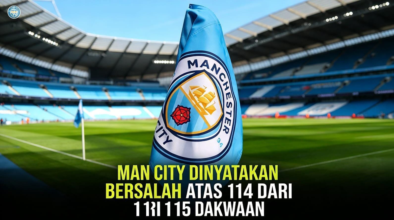 Bendera dengan Logo Manchester City dengan latar belakang Stadion