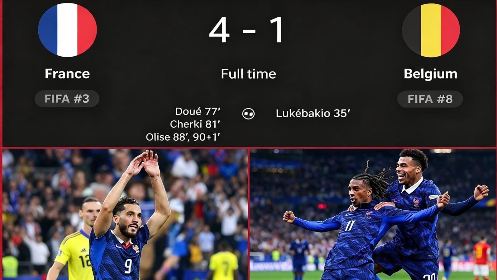 Michael Olise merayakan gol ke gawang Belgia dalam laga UEFA Nations League di Stade de France.