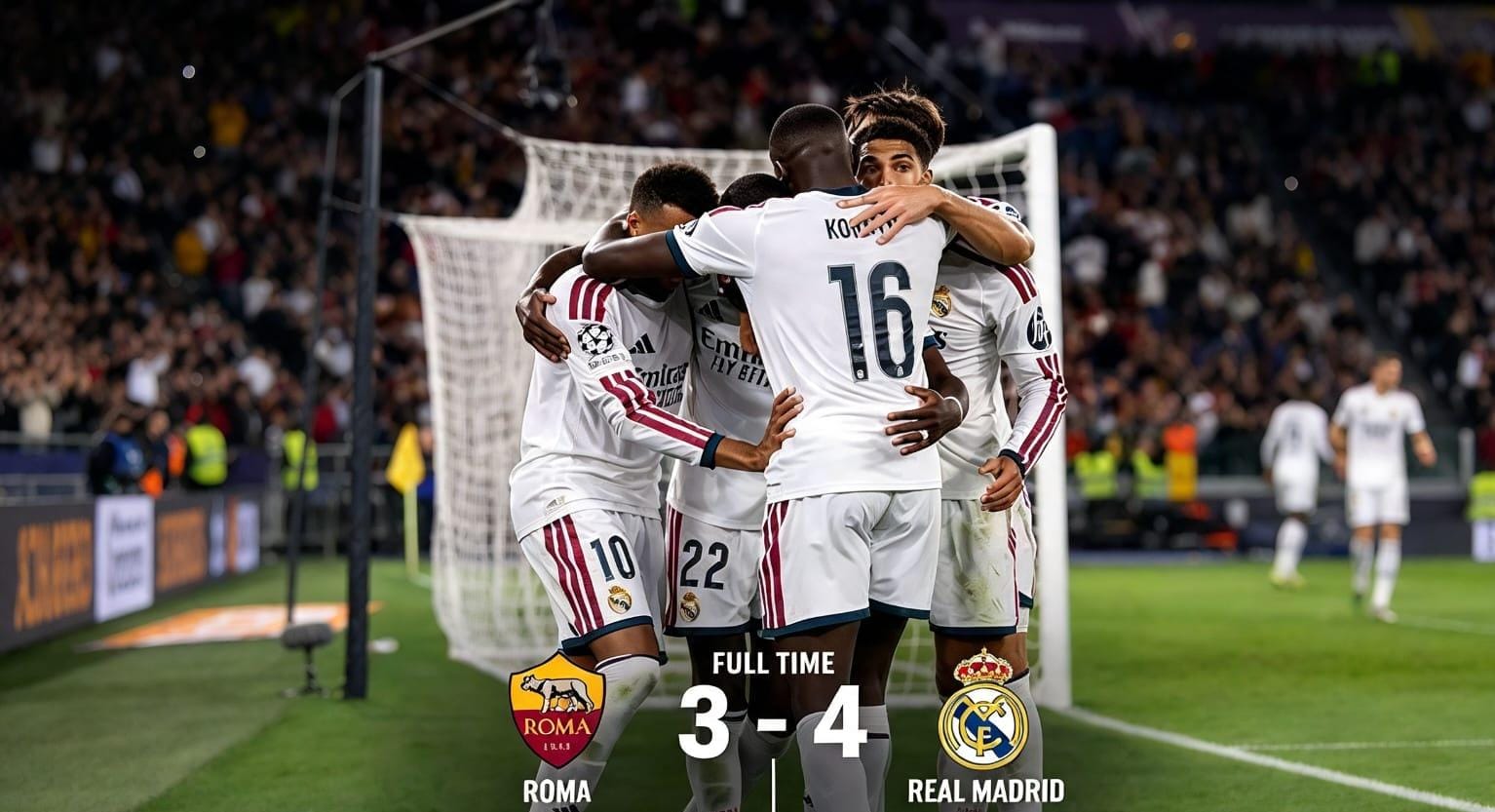 Ekspresi kegembiraan para pemain Madrid setelah mencetak gol kemenangan Real Madrid atas AS Roma di Liga Champions