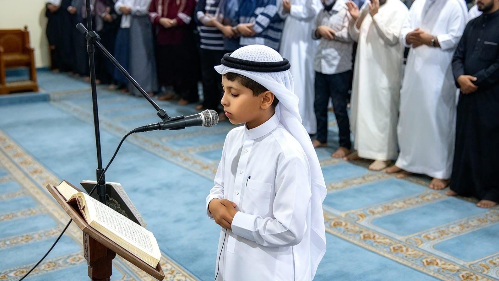Ilustrasi imam membaca Al-Qur'an saat shalat fardhu berjamaah di masjid.