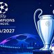 Ilustrasi trofi UEFA Champions League dengan latar belakang logo Liga