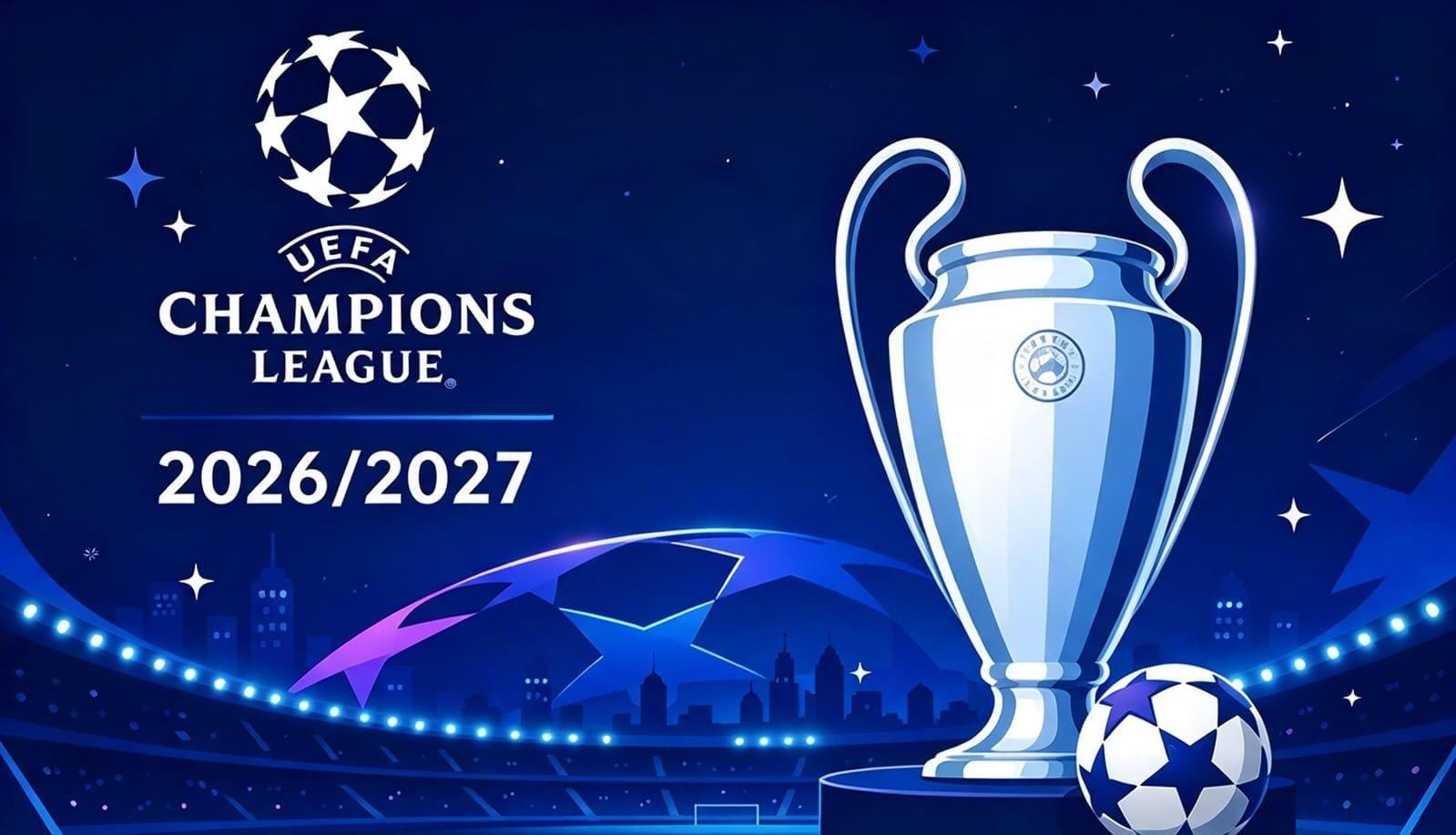 Ilustrasi trofi UEFA Champions League dengan latar belakang logo Liga