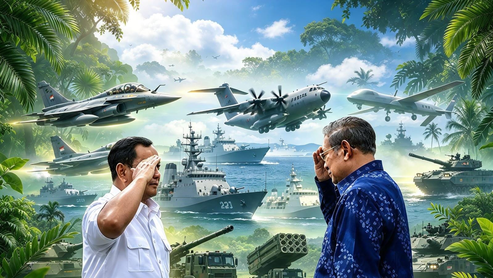 Kolase foto Presiden ke-6 RI Susilo Bambang Yudhoyono (SBY) dan Presiden RI Prabowo Subianto berlatar Alutsista TNI