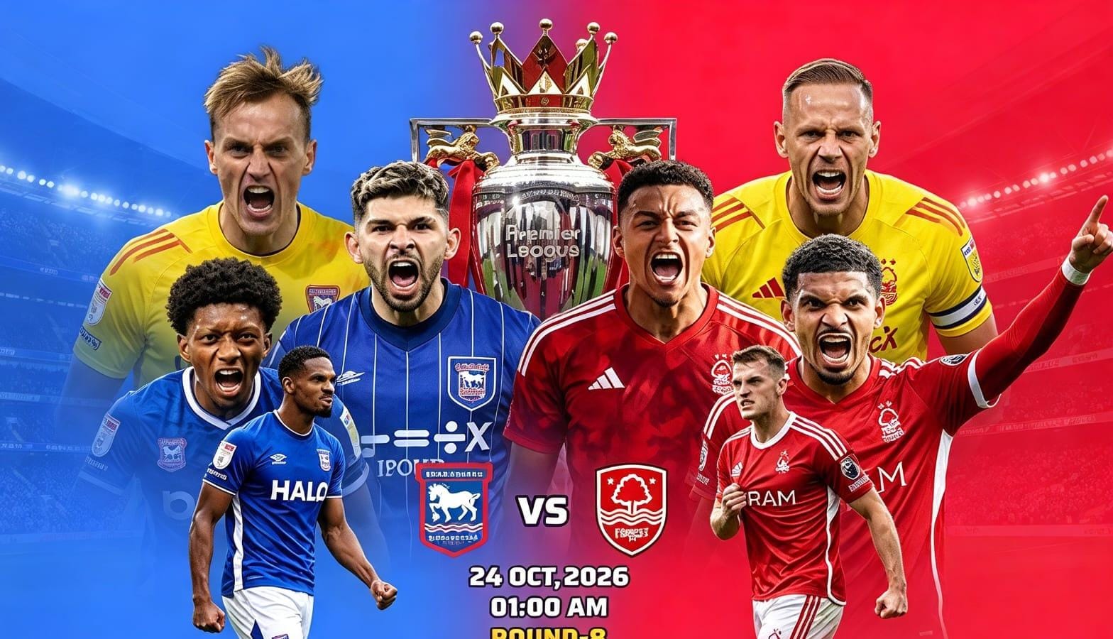 Pertandingan sengit Liga Inggris antara Ipswich Town melawan Nottingham Forest di Portman Road.